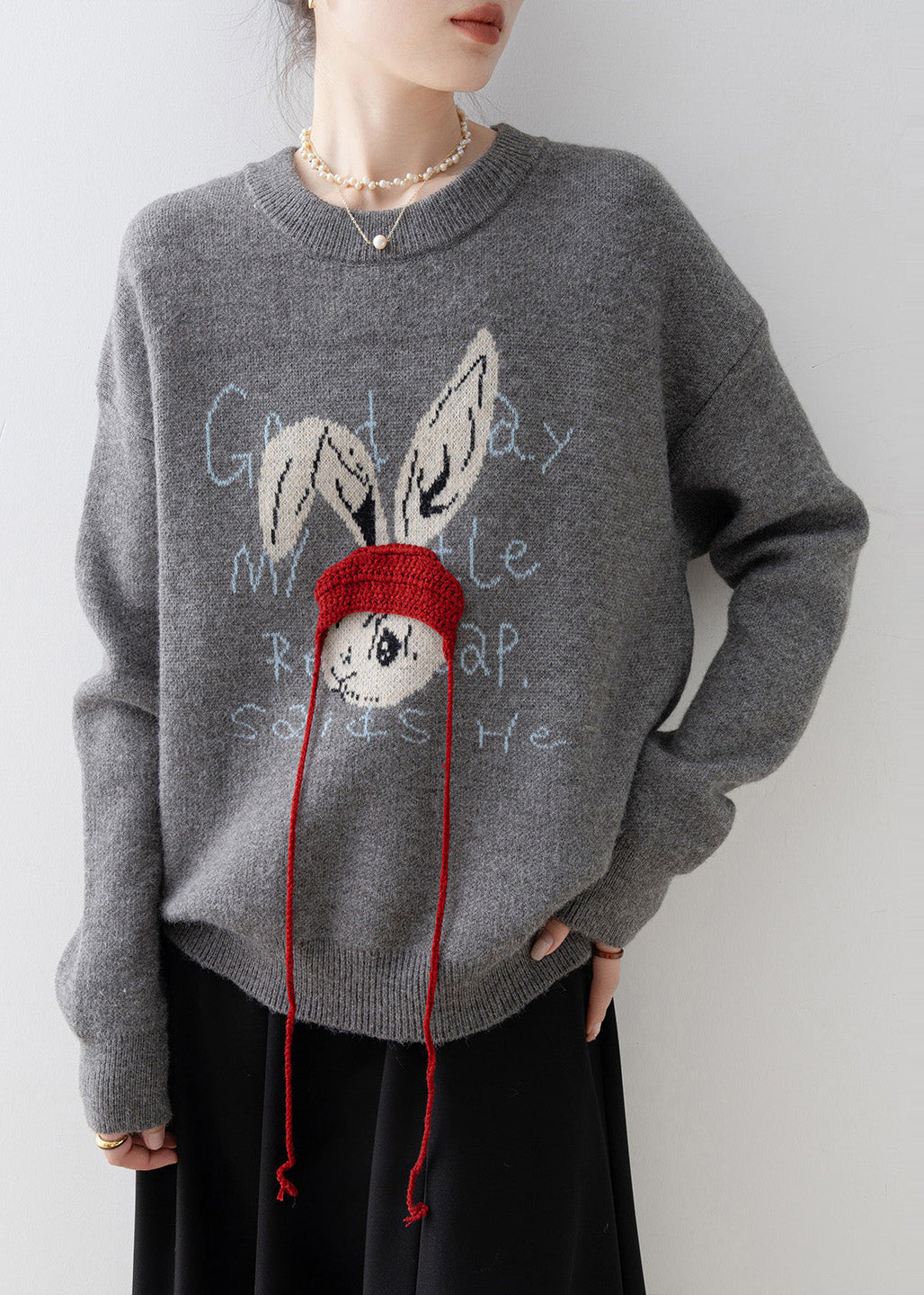 Plus Size Grey Oversized Rabbit Jacquard Knit Pullover Winter