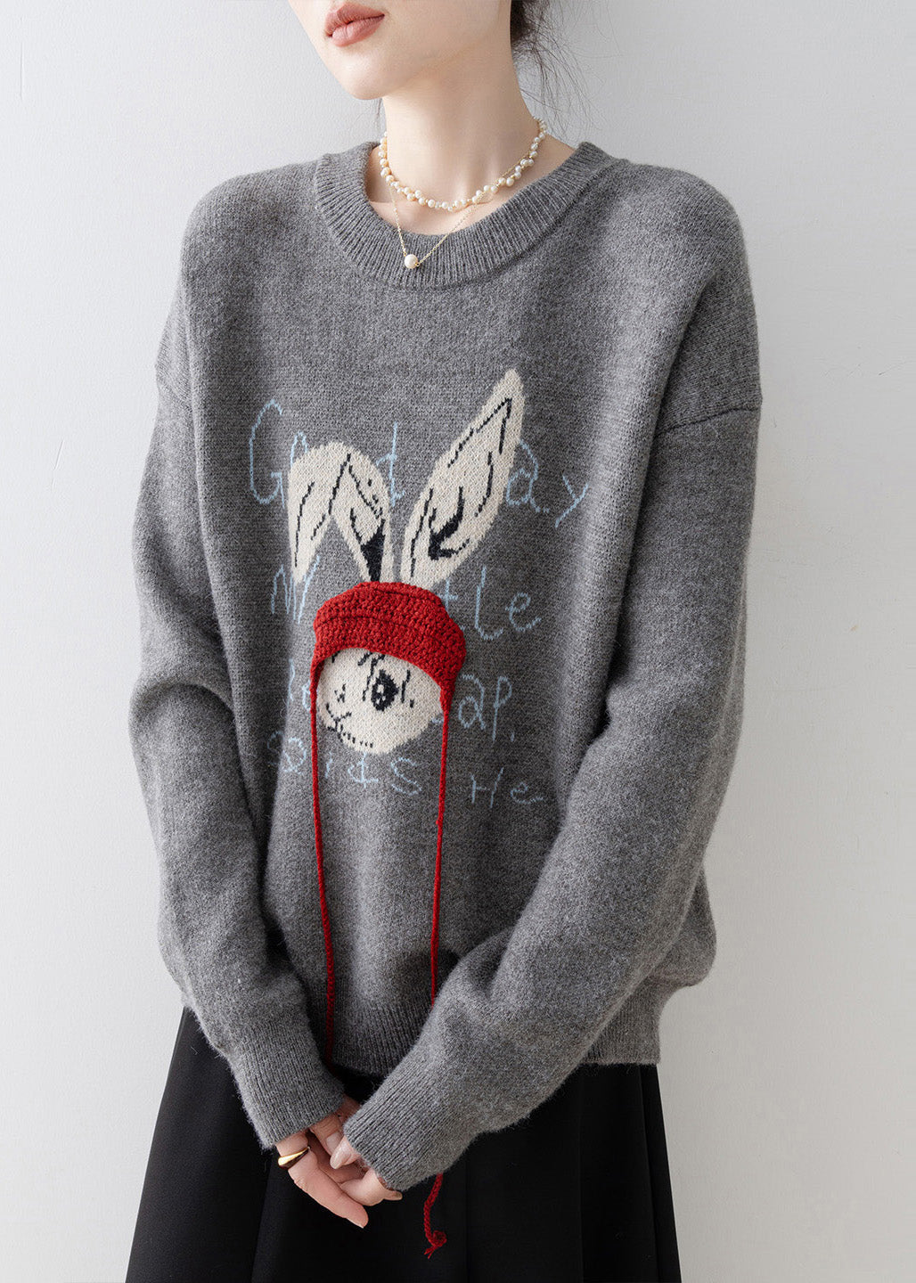 Plus Size Grey Oversized Rabbit Jacquard Knit Pullover Winter