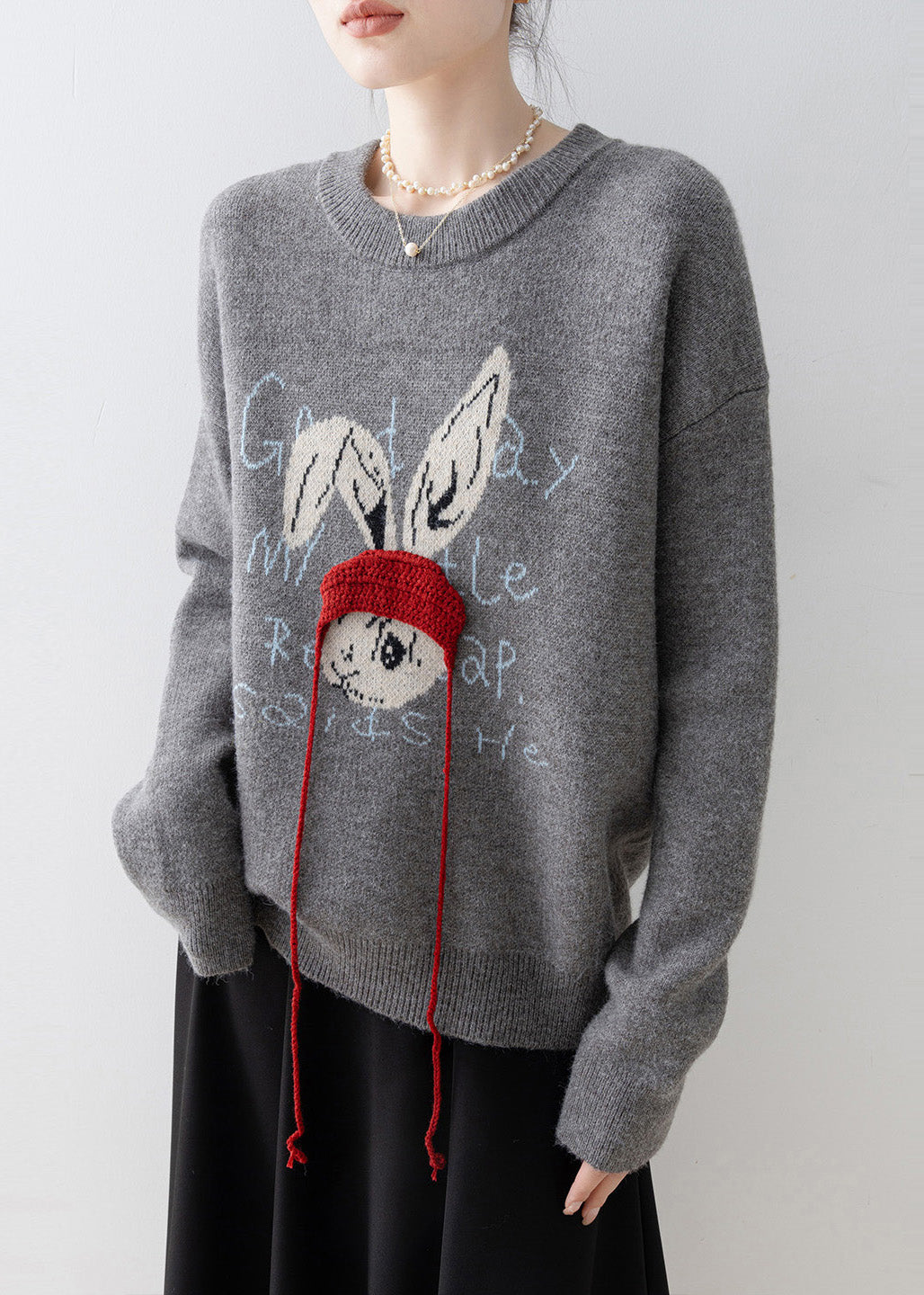 Plus Size Grey Oversized Rabbit Jacquard Knit Pullover Winter