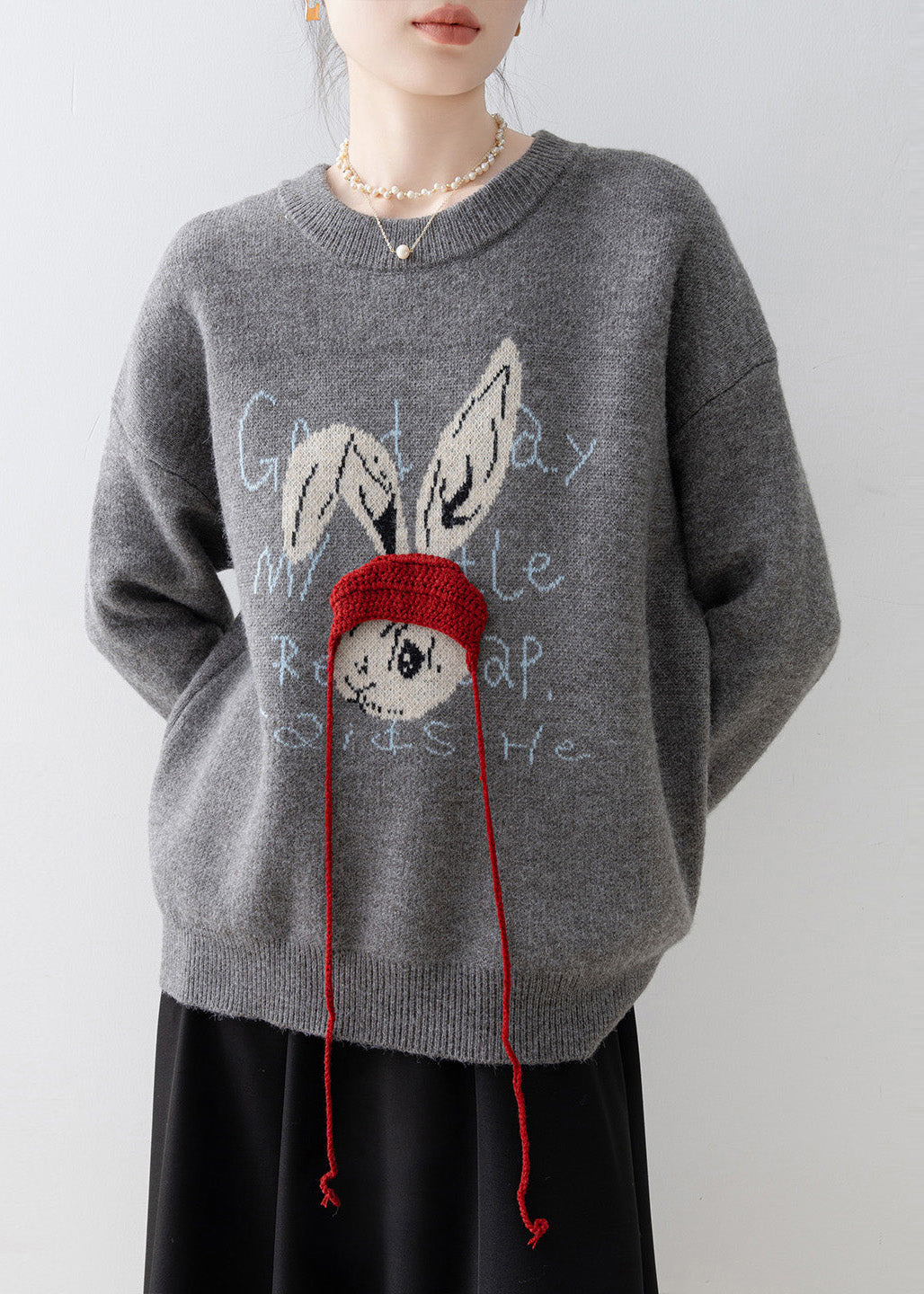 Plus Size Grey Oversized Rabbit Jacquard Knit Pullover Winter