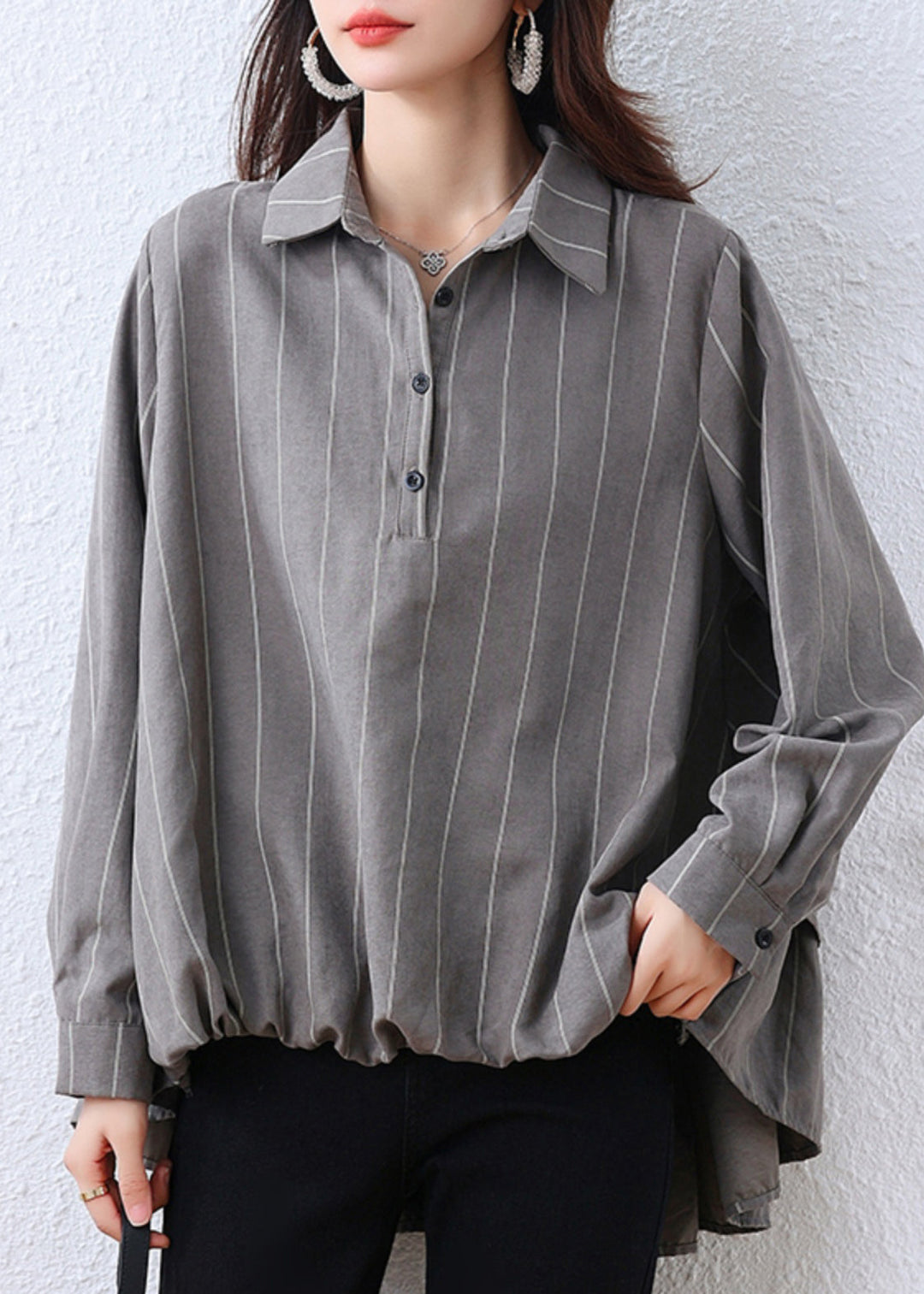 Plus Size Grey Oversized Striped Cotton Shirt Tops Fall