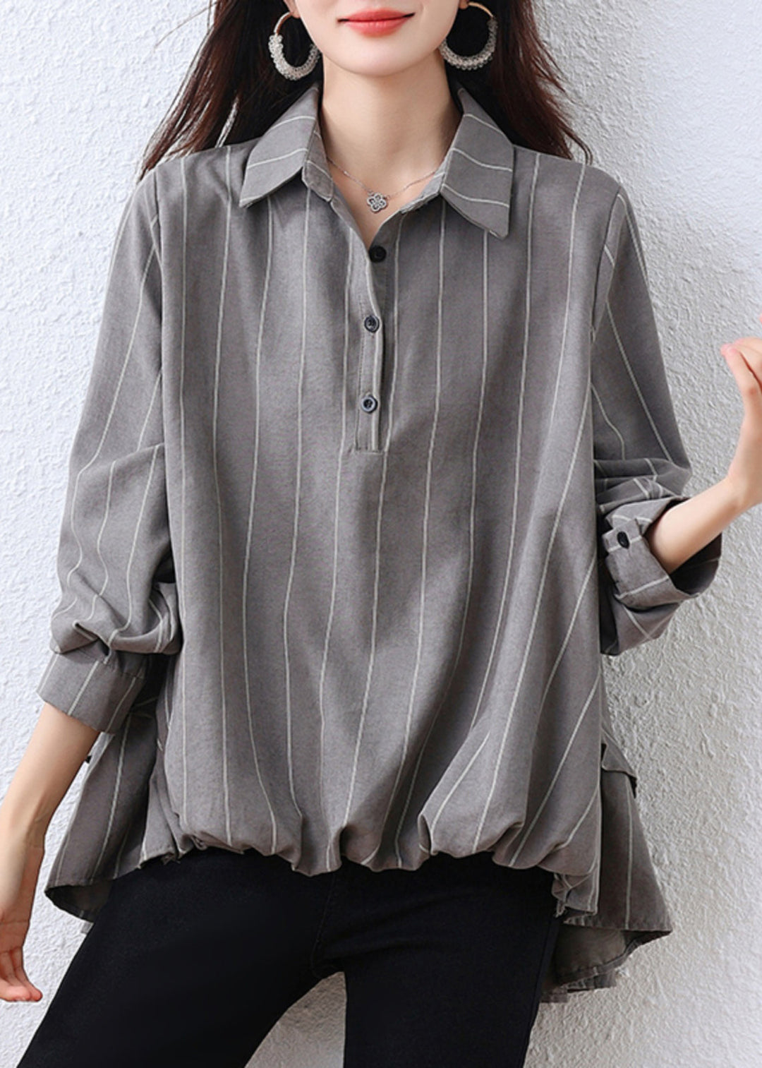 Plus Size Grey Oversized Striped Cotton Shirt Tops Fall