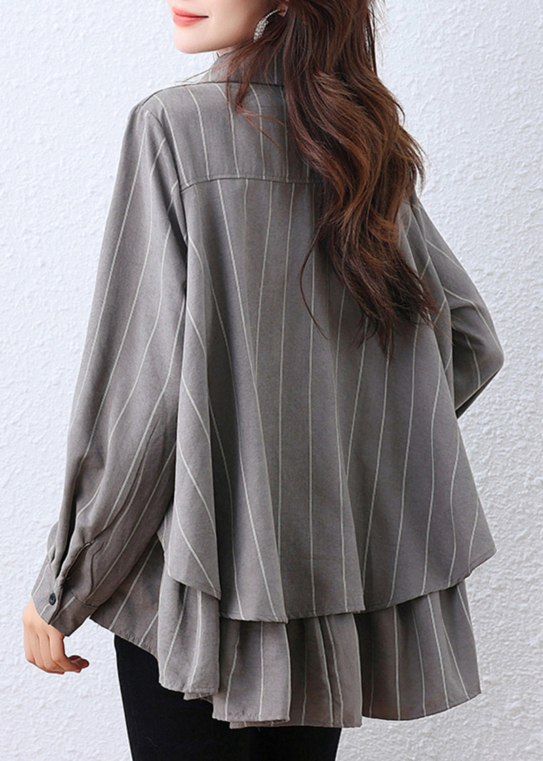 Plus Size Grey Oversized Striped Cotton Shirt Tops Fall