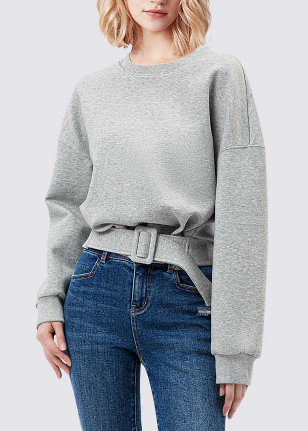 Plus Size Grey Patchwork Sashes Sweatshirt Lantern Sleeve