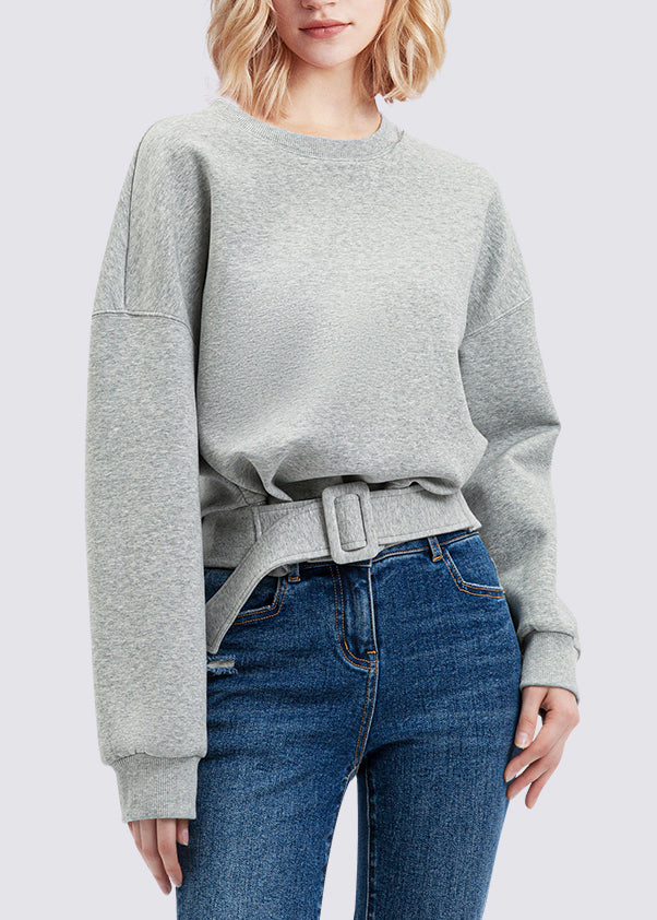 Plus Size Grey Patchwork Sashes Sweatshirt Lantern Sleeve