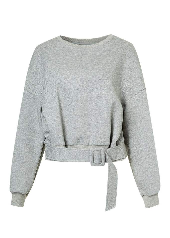 Plus Size Grey Patchwork Sashes Sweatshirt Lantern Sleeve