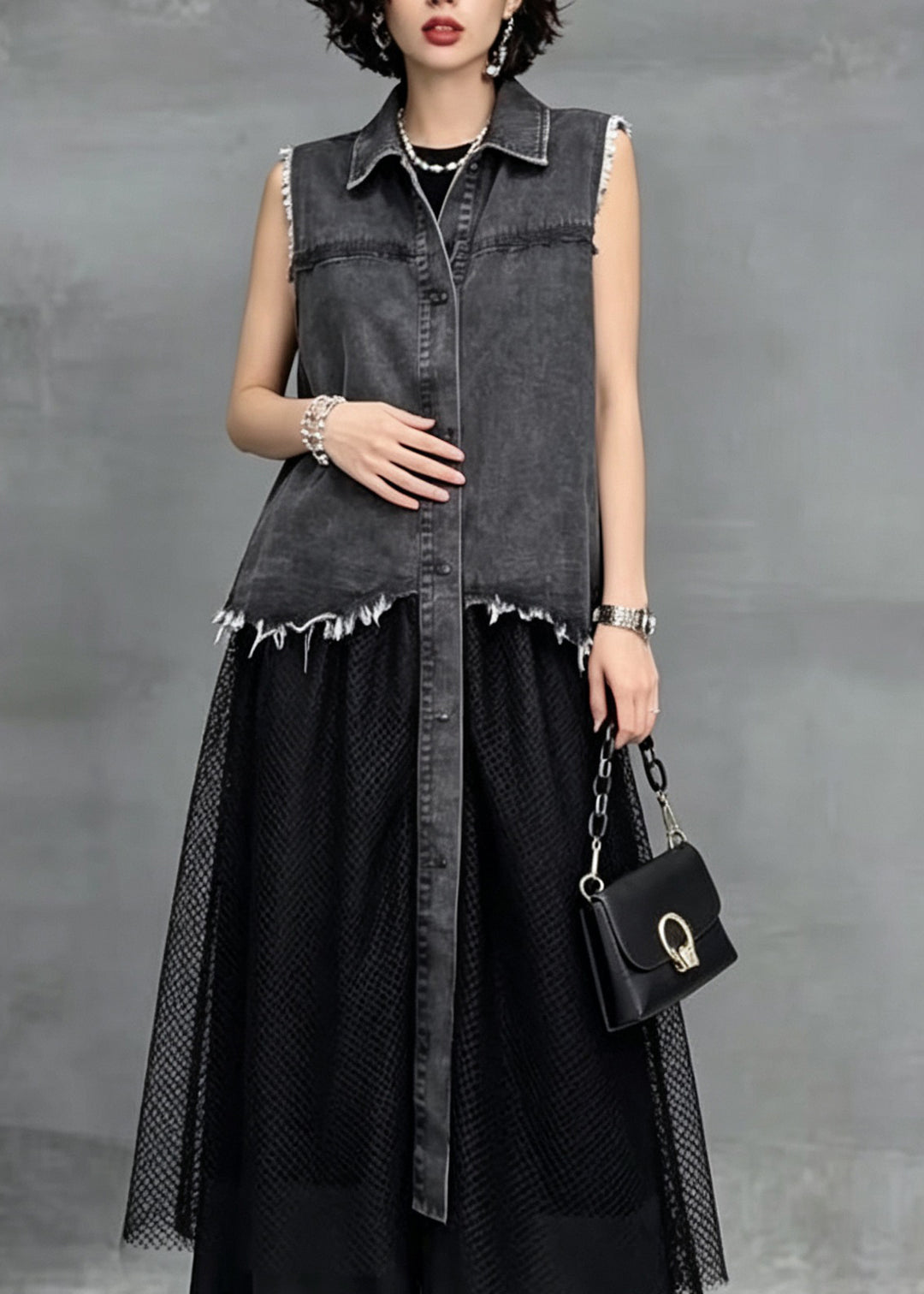 Plus Size Grey Peter Pan Collar Patchwork Denim Long Dress Sleeveless
