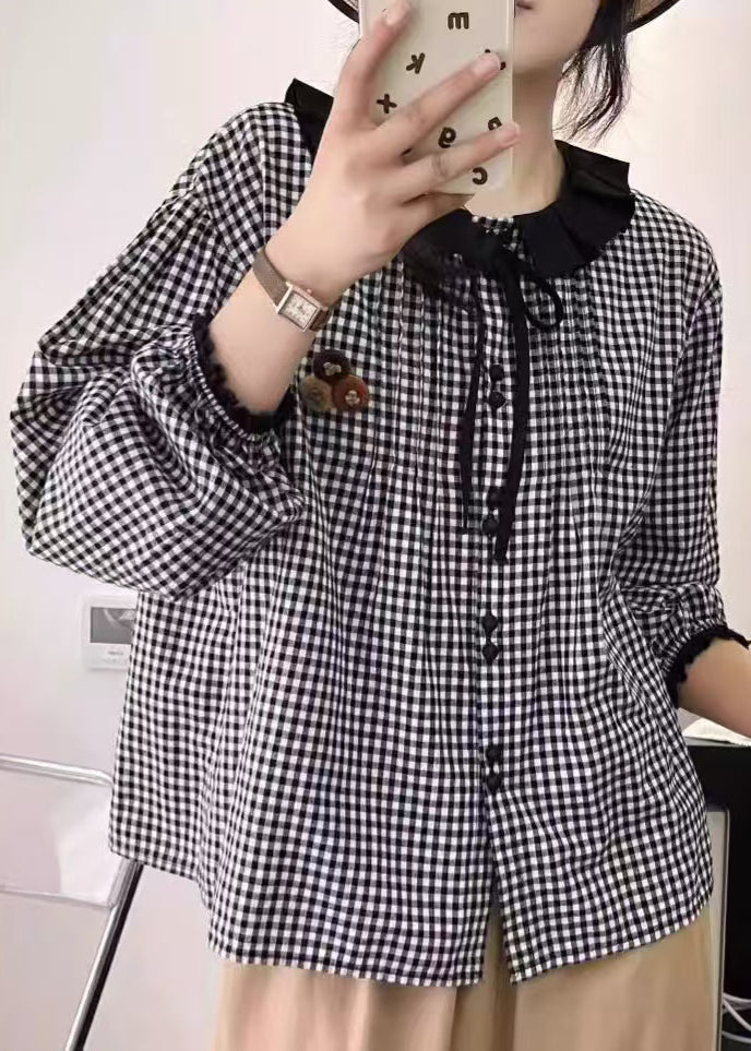 Plus Size Grey Peter Pan Collar Plaid Linen Shirts Spring