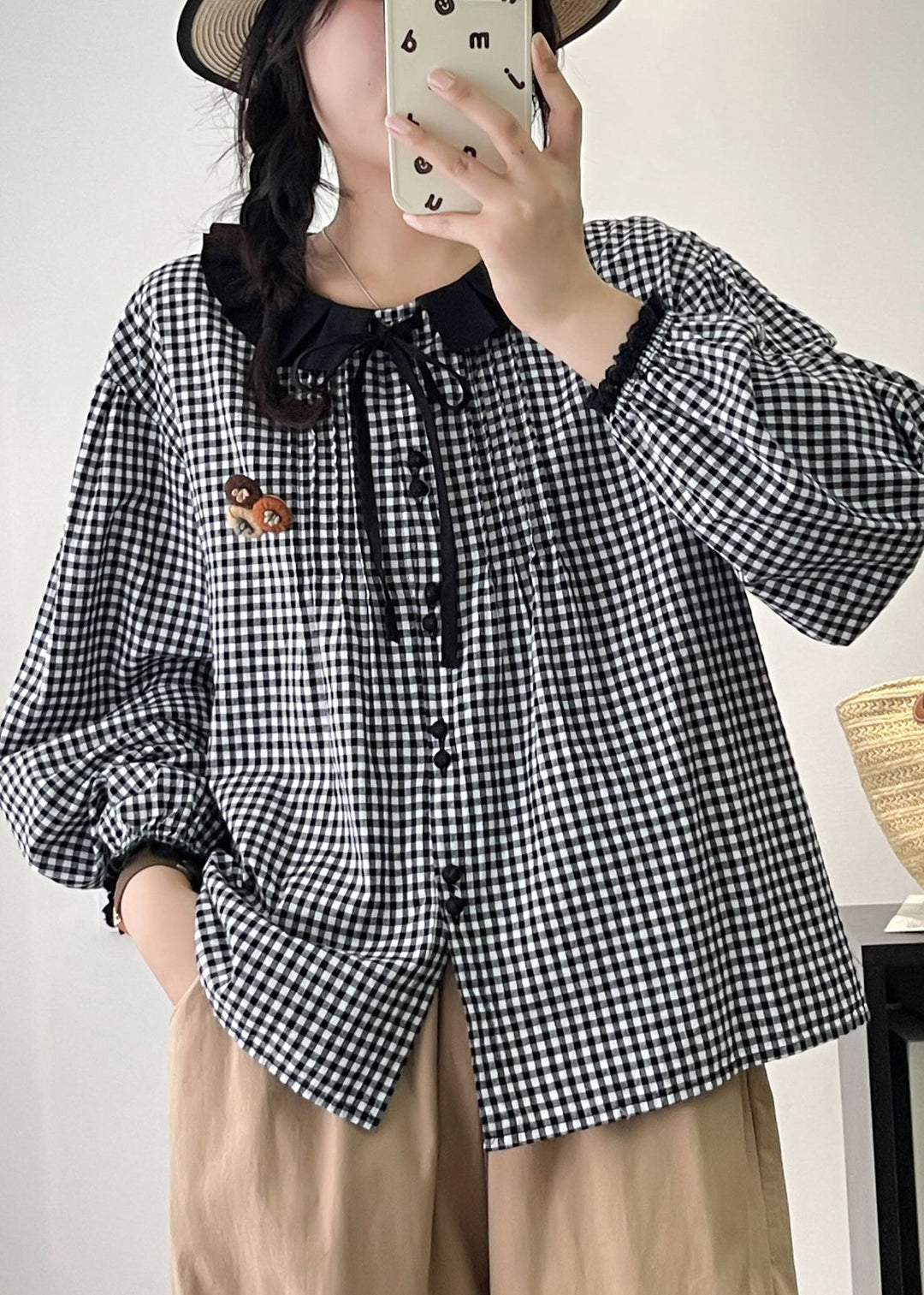 Plus Size Grey Peter Pan Collar Plaid Linen Shirts Spring