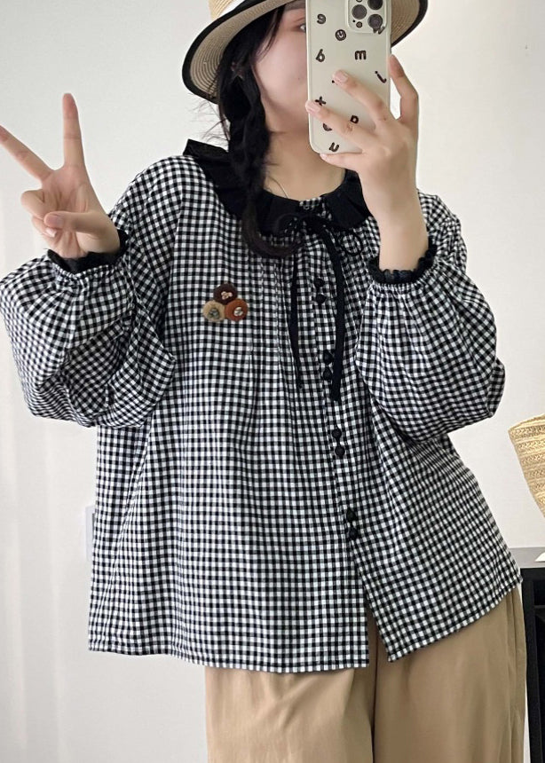 Plus Size Grey Peter Pan Collar Plaid Linen Shirts Spring
