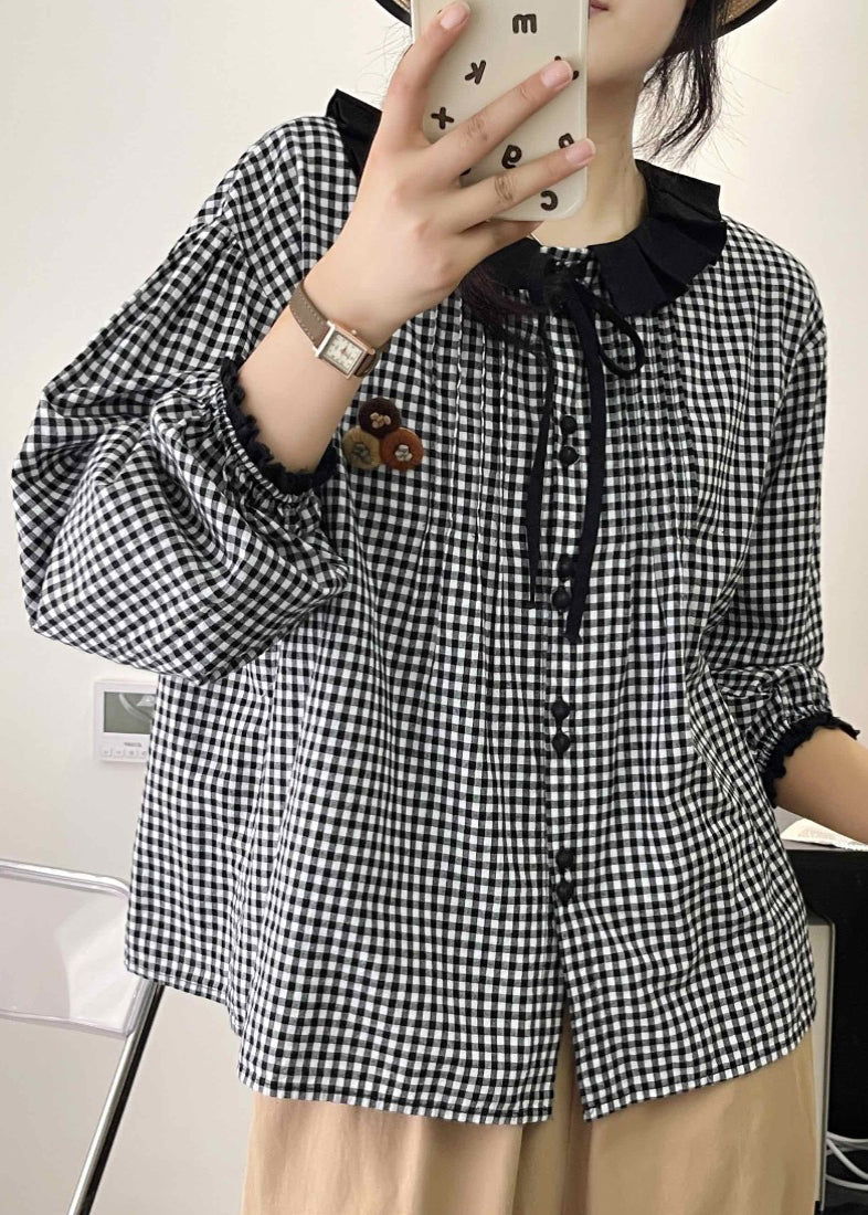 Plus Size Grey Peter Pan Collar Plaid Linen Shirts Spring