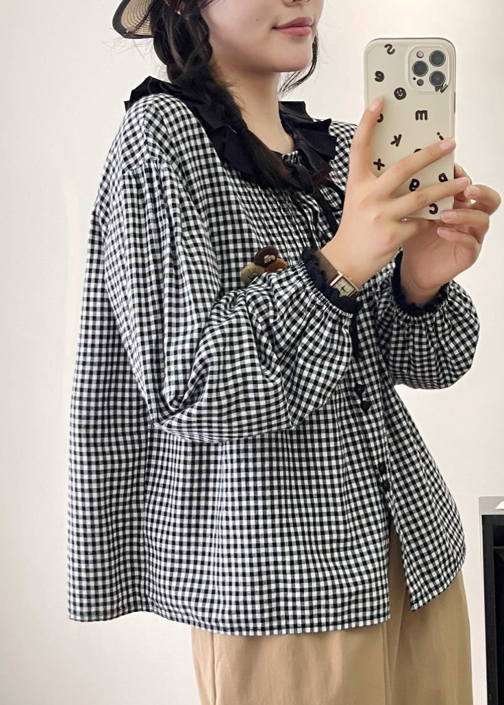 Plus Size Grey Peter Pan Collar Plaid Linen Shirts Spring