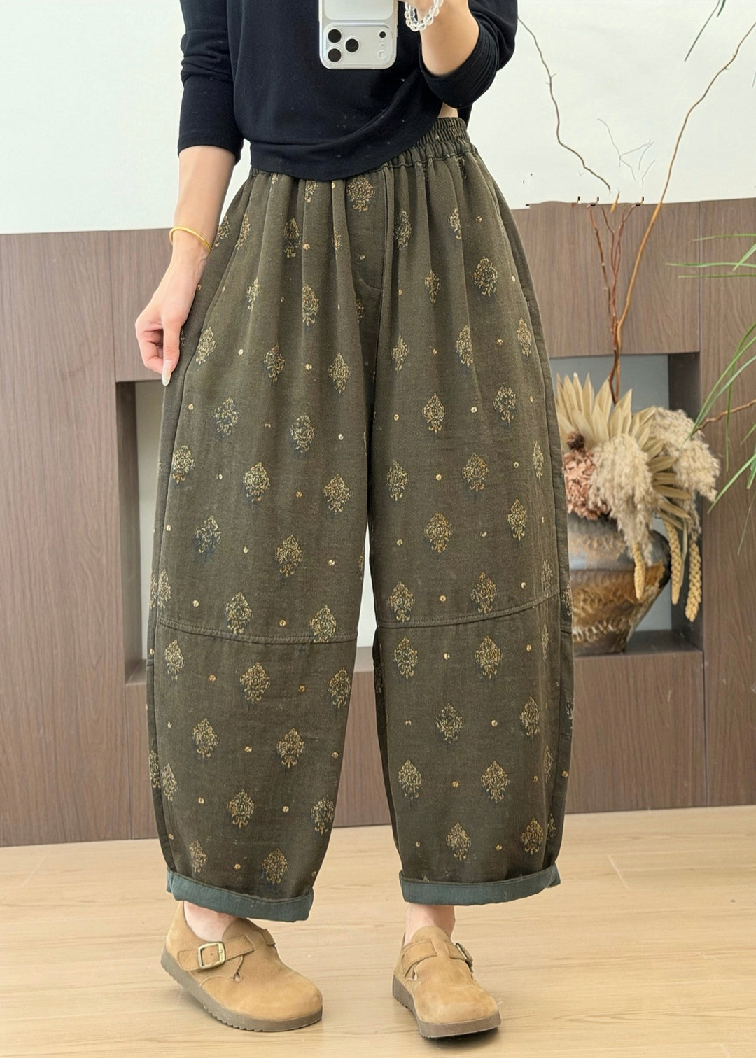 Plus Size Grey Pockets Print Elastic Waist Cotton Pants Fall