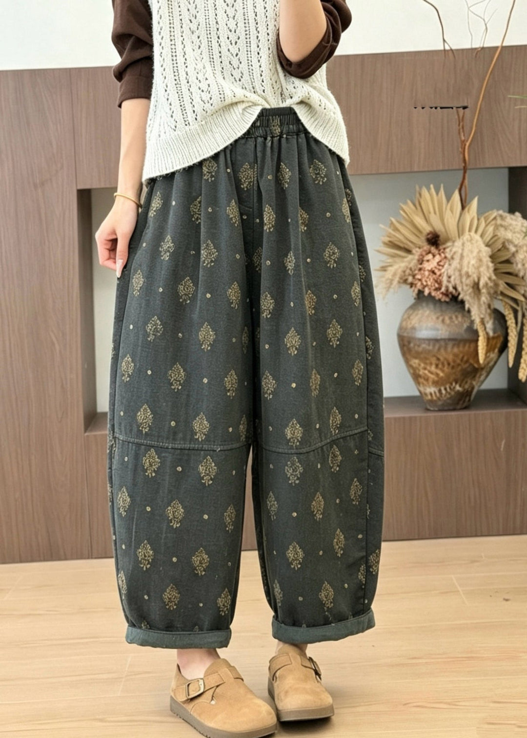 Plus Size Grey Pockets Print Elastic Waist Cotton Pants Fall
