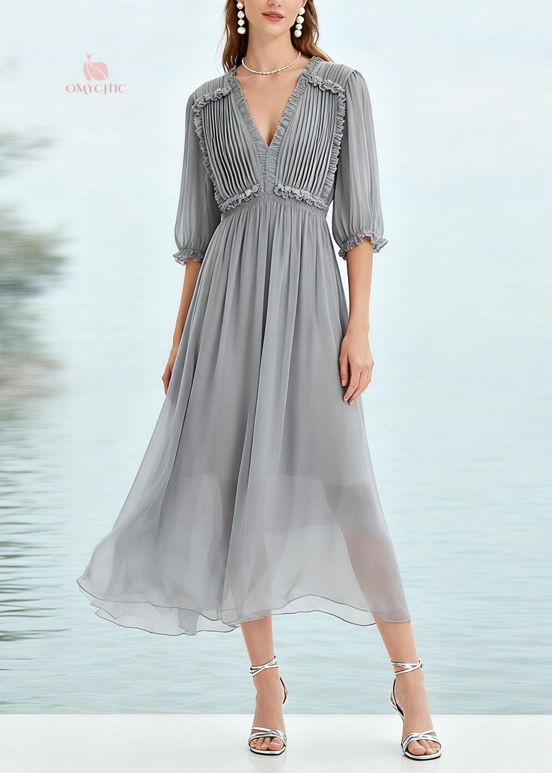 Plus Size Grey Ruffled Patchwork Chiffon Long Dress Summer