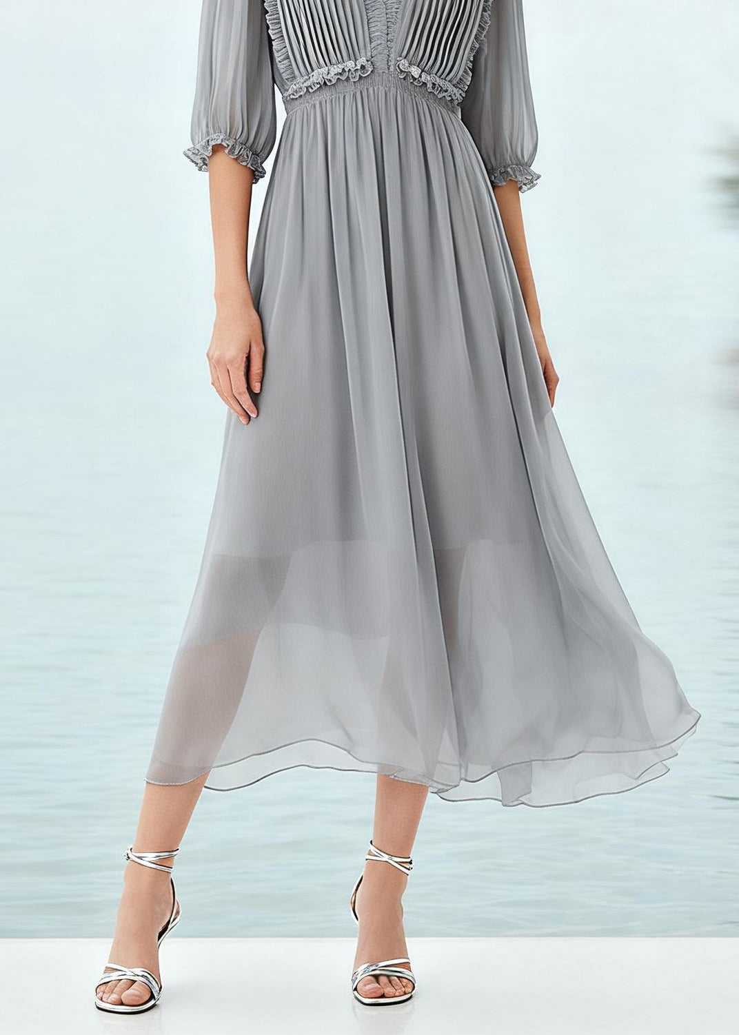 Plus Size Grey Ruffled Patchwork Chiffon Long Dress Summer