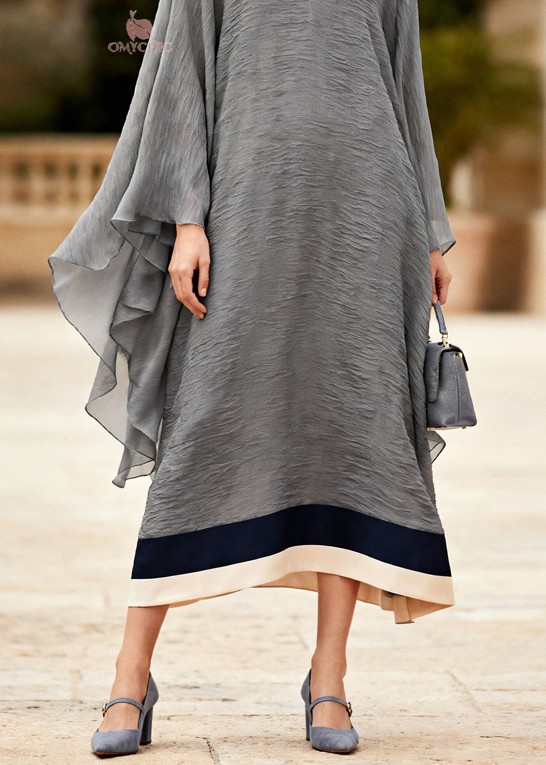 Plus Size Grey V Neck Patchwork Cotton Long Dress