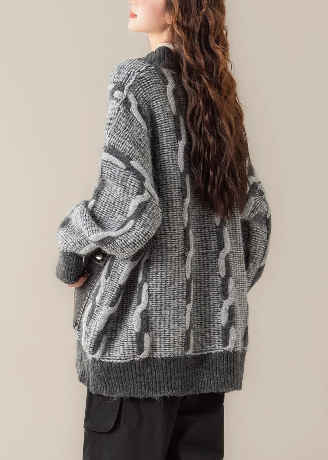 Plus Size Grey V Neck Pockets Patchwork Knit Coats Spring