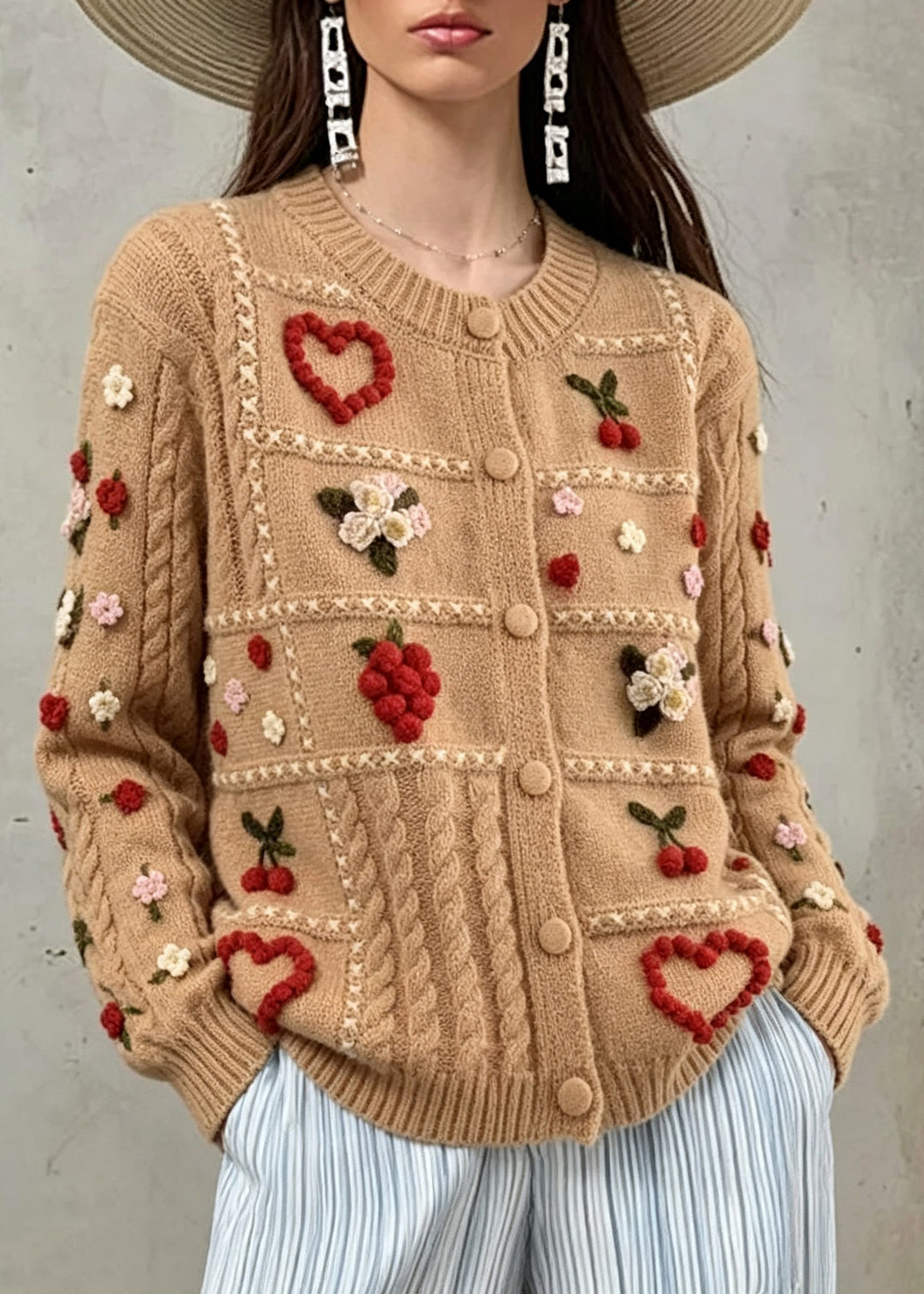 Plus Size Khaki O-Neck Floral Cotton Knit Cardigans Long Sleeve
