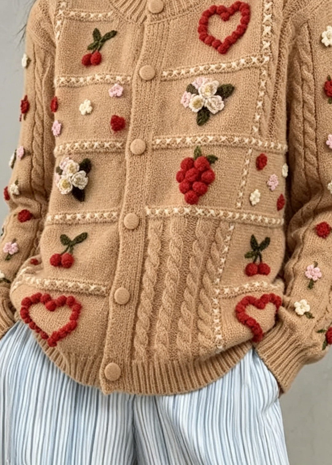 Plus Size Khaki O-Neck Floral Cotton Knit Cardigans Long Sleeve