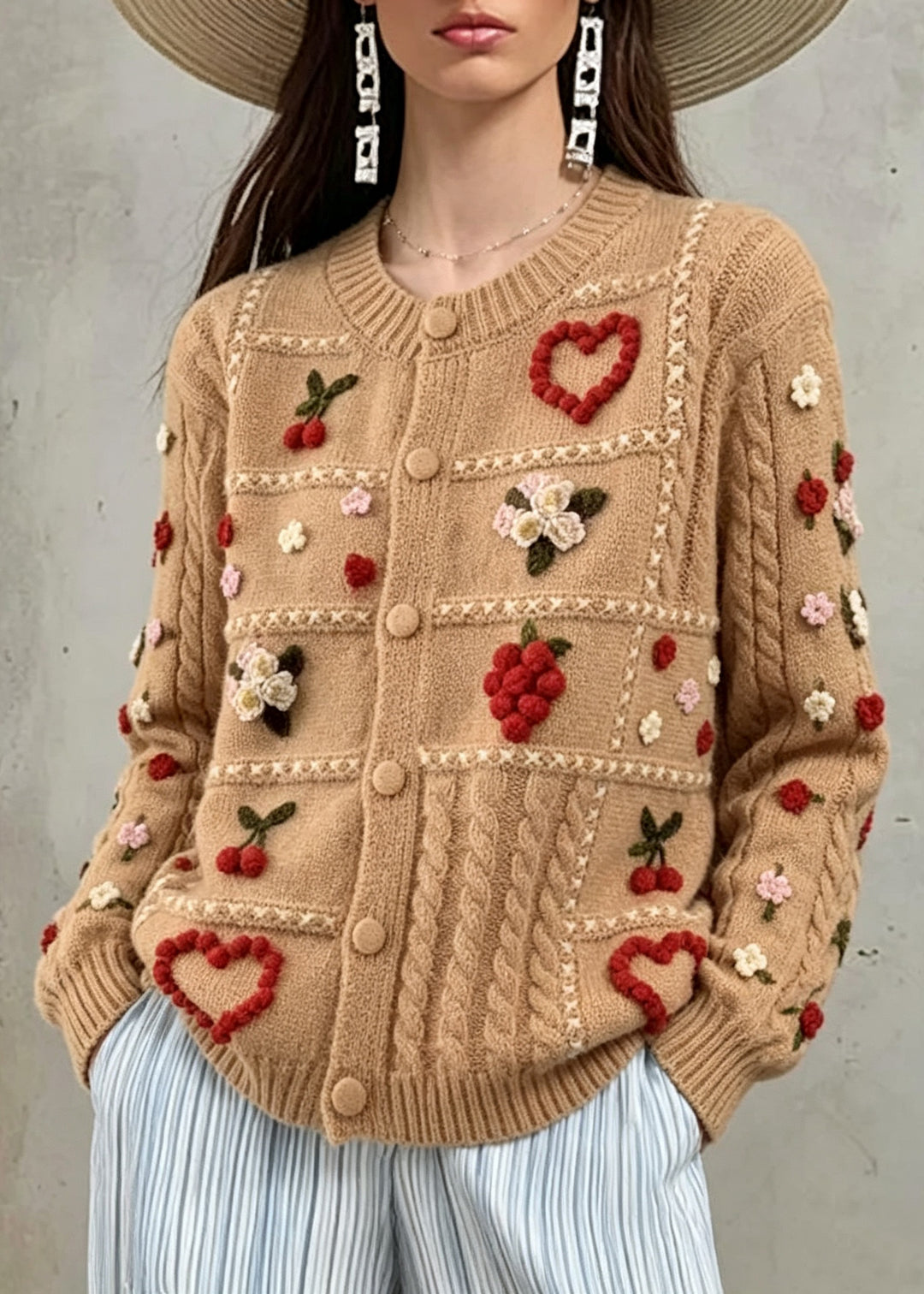 Plus Size Khaki O-Neck Floral Cotton Knit Cardigans Long Sleeve