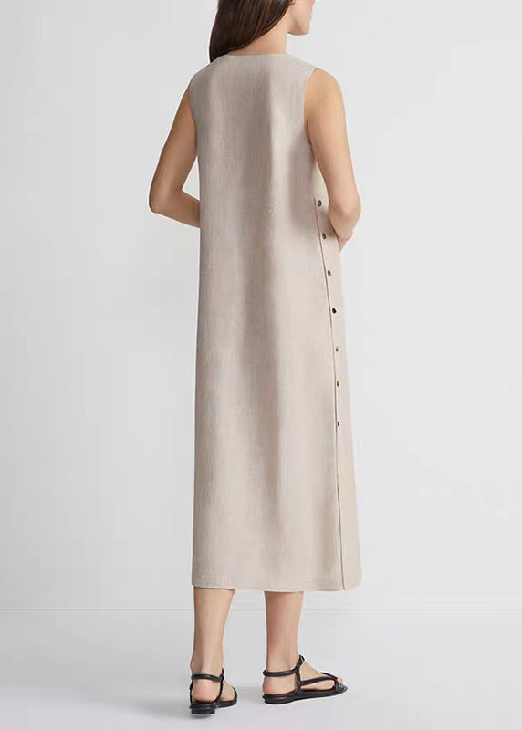 Plus Size Khaki O-Neck Low High Design Robe Dresses Sleeveless