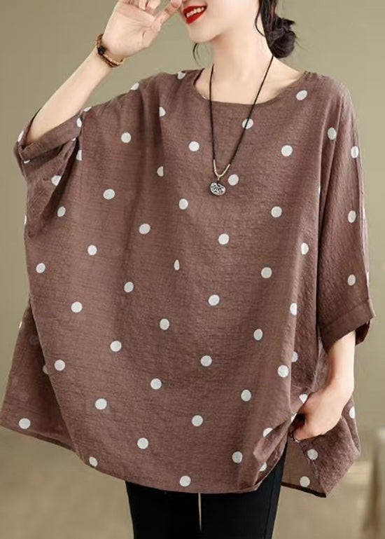 Plus Size Khaki O Neck Print Cotton T Shirt Tops Summer