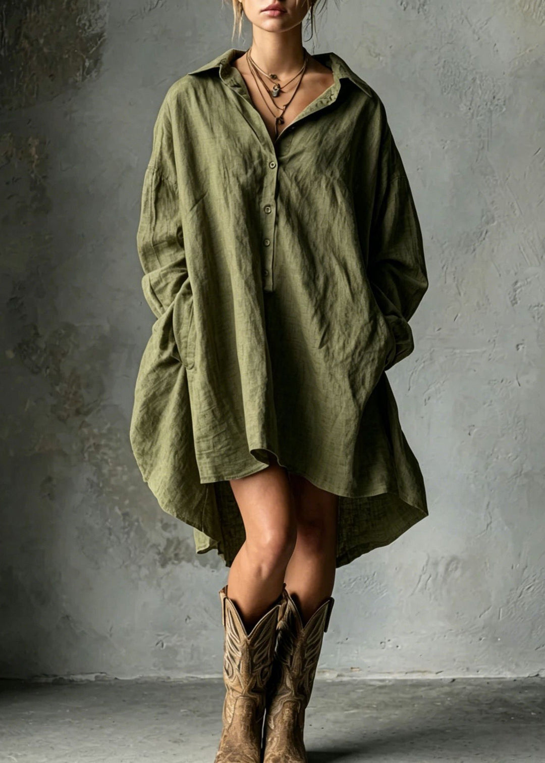 Plus Size Khaki Oversized Cotton Shirt Dress Fall