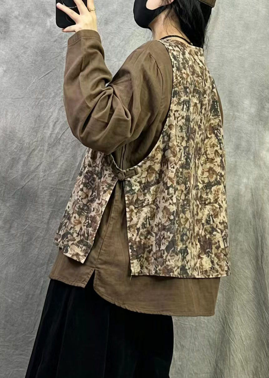 Plus Size Khaki Oversized Patchwork Print Linen Top Fall