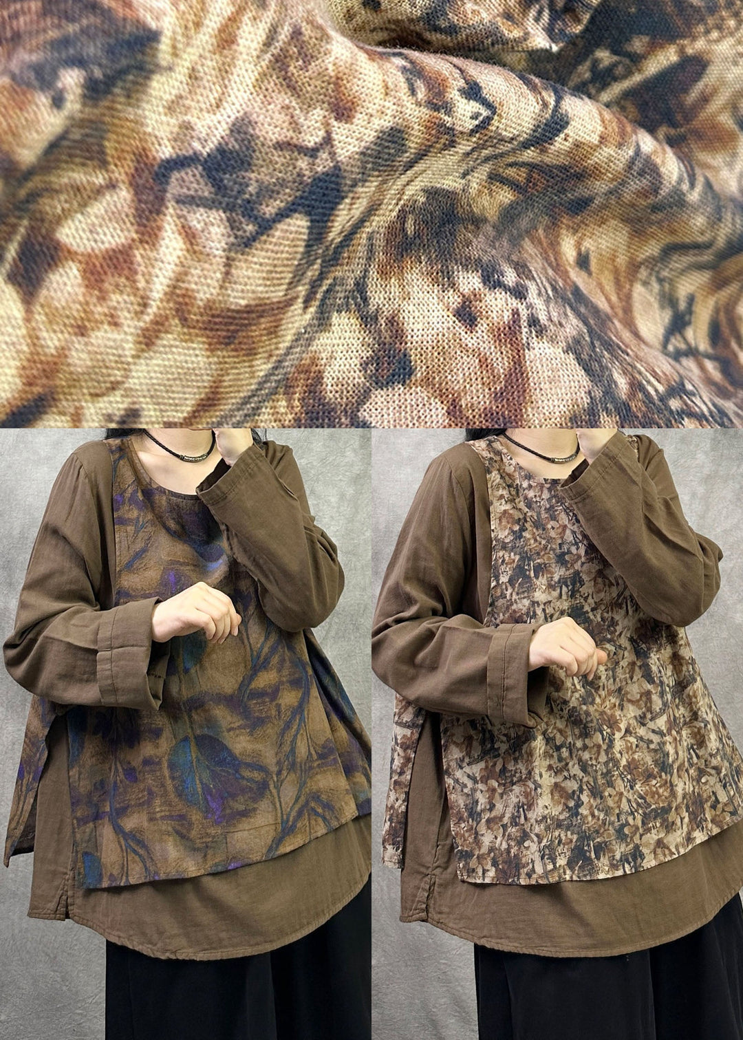 Plus Size Khaki Oversized Patchwork Print Linen Top Fall