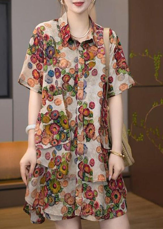 Plus Size Khaki Oversized Print Cotton Two Pieces Set Summer