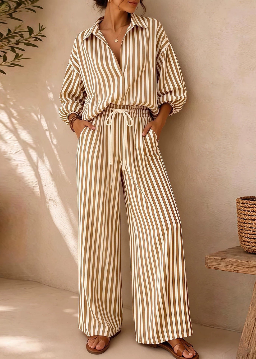 Plus Size Khaki Oversized Striped Cotton Two Piece Suit Set Fall