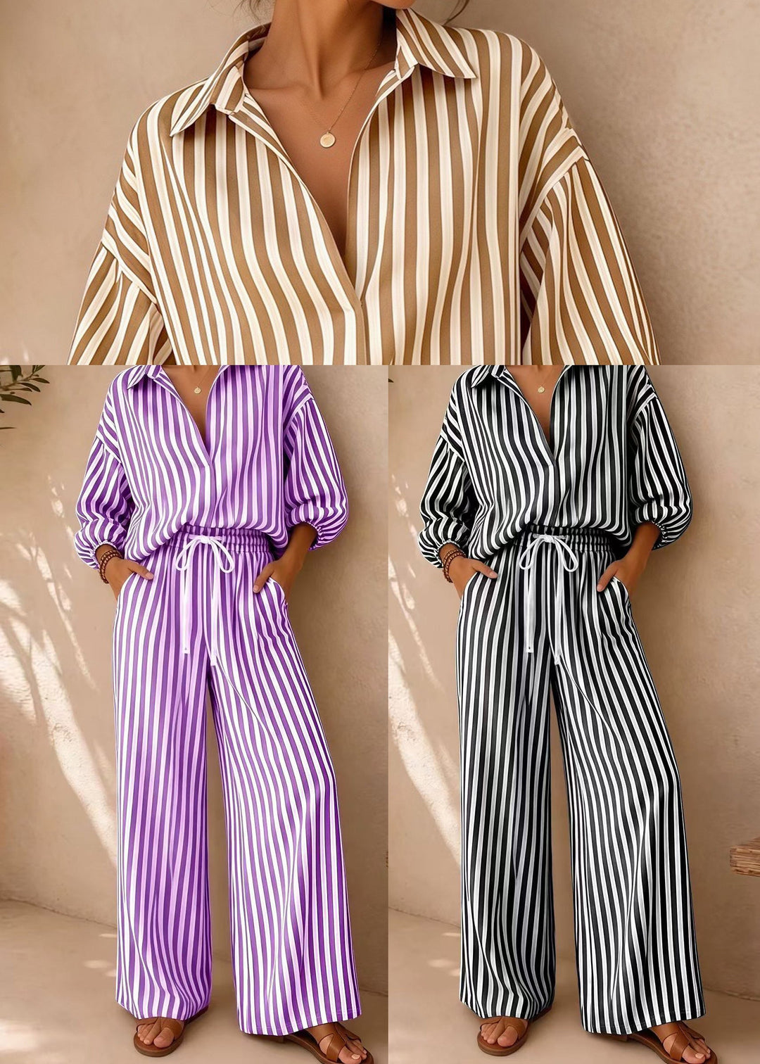 Plus Size Khaki Oversized Striped Cotton Two Piece Suit Set Fall
