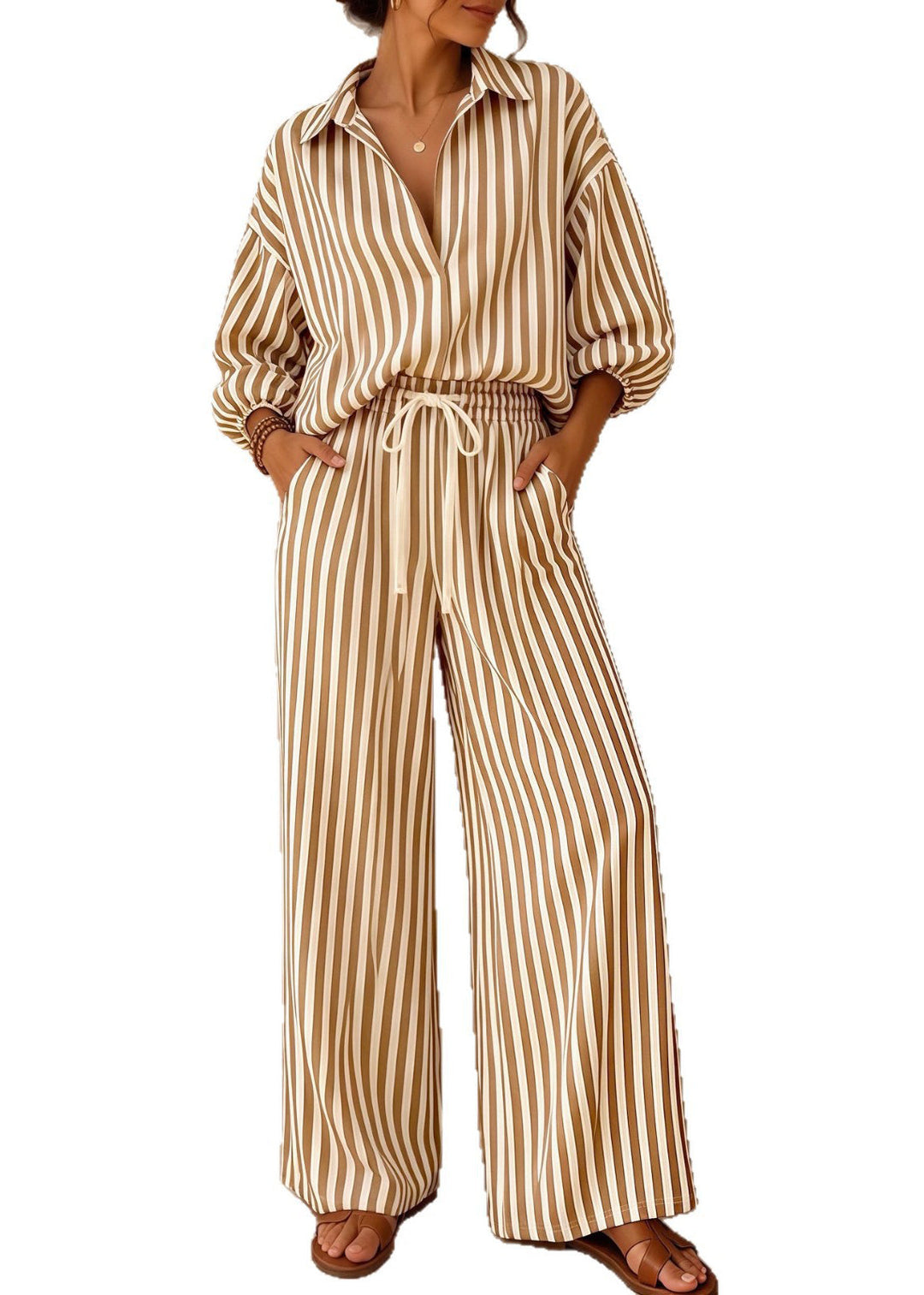 Plus Size Khaki Oversized Striped Cotton Two Piece Suit Set Fall