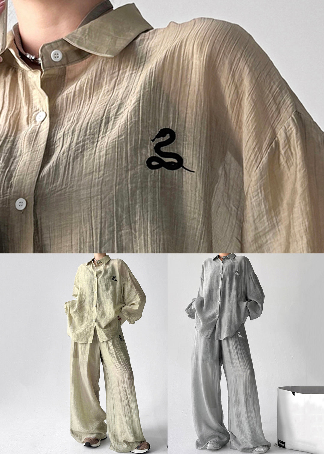 Plus Size Khaki Peter Pan Collar Button Cotton Two Pieces Set Fall