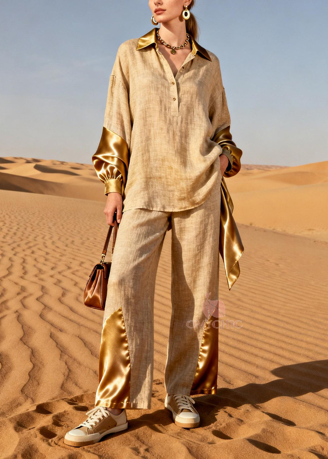 Plus Size Khaki Peter Pan Collar Patchwork Linen Two Piece Set Spring