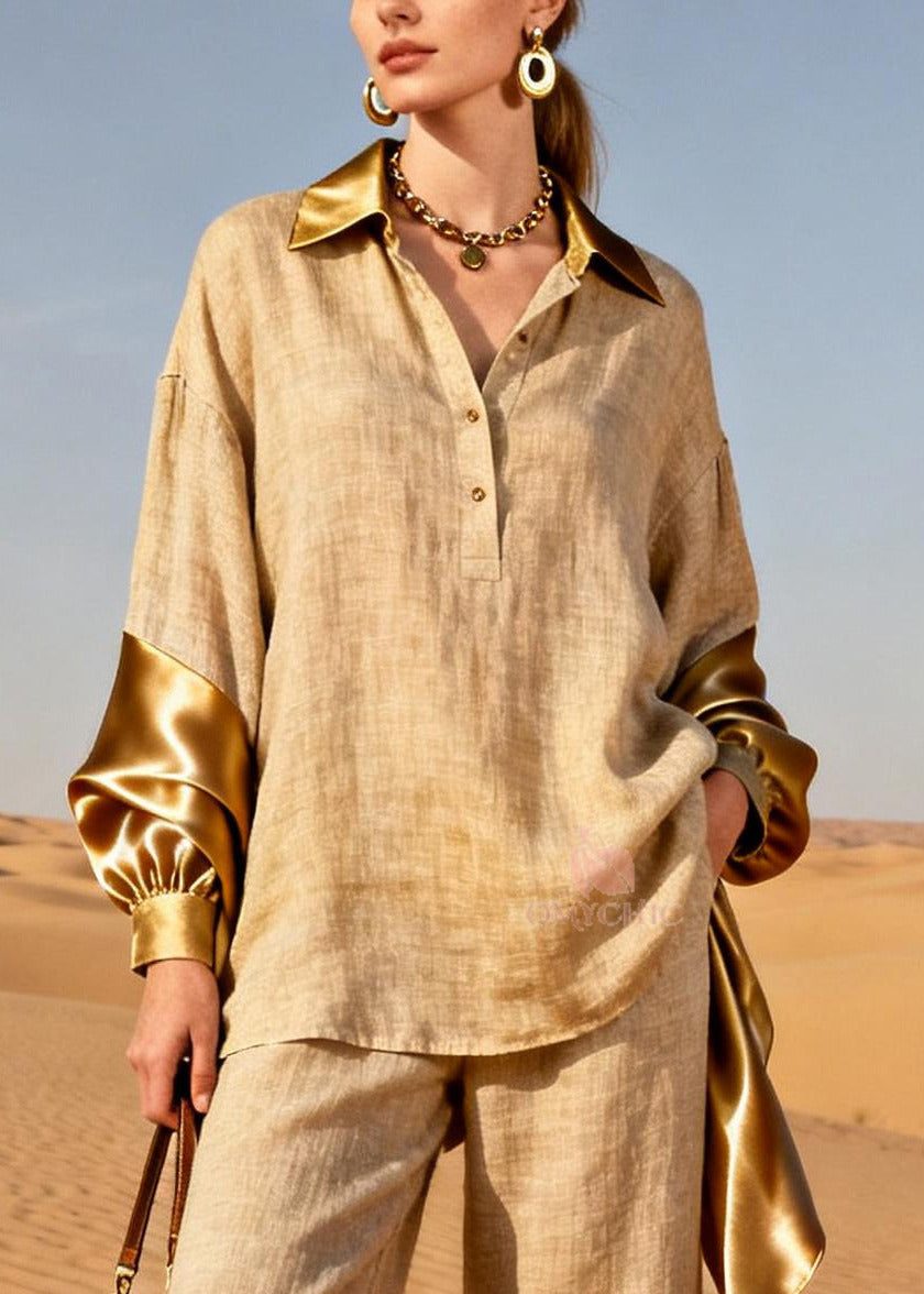 Plus Size Khaki Peter Pan Collar Patchwork Linen Two Piece Set Spring