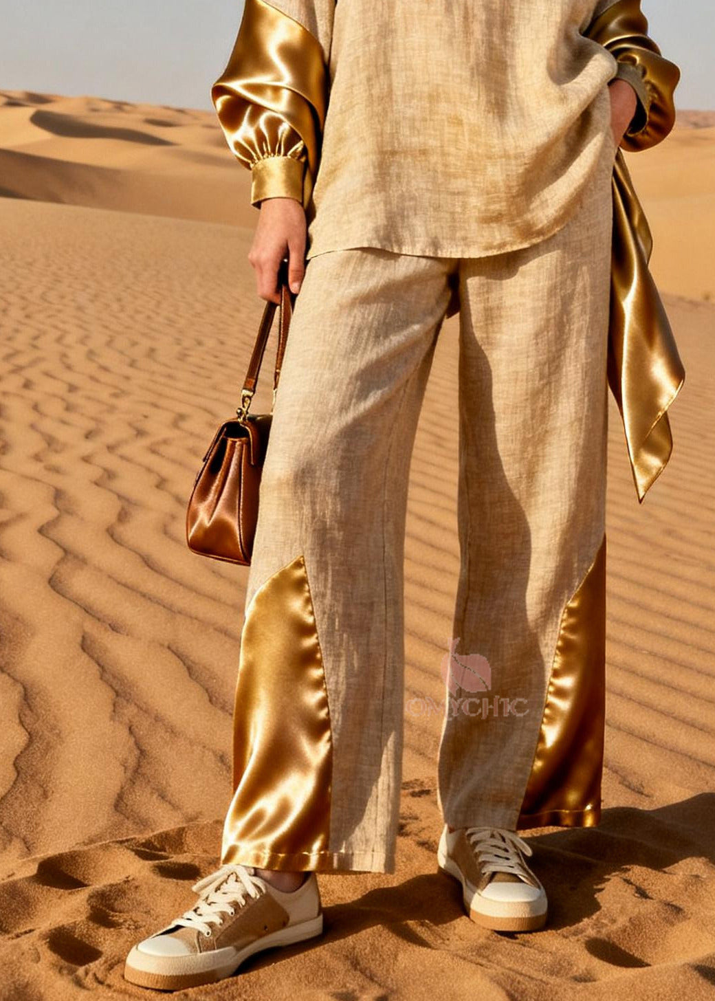 Plus Size Khaki Peter Pan Collar Patchwork Linen Two Piece Set Spring