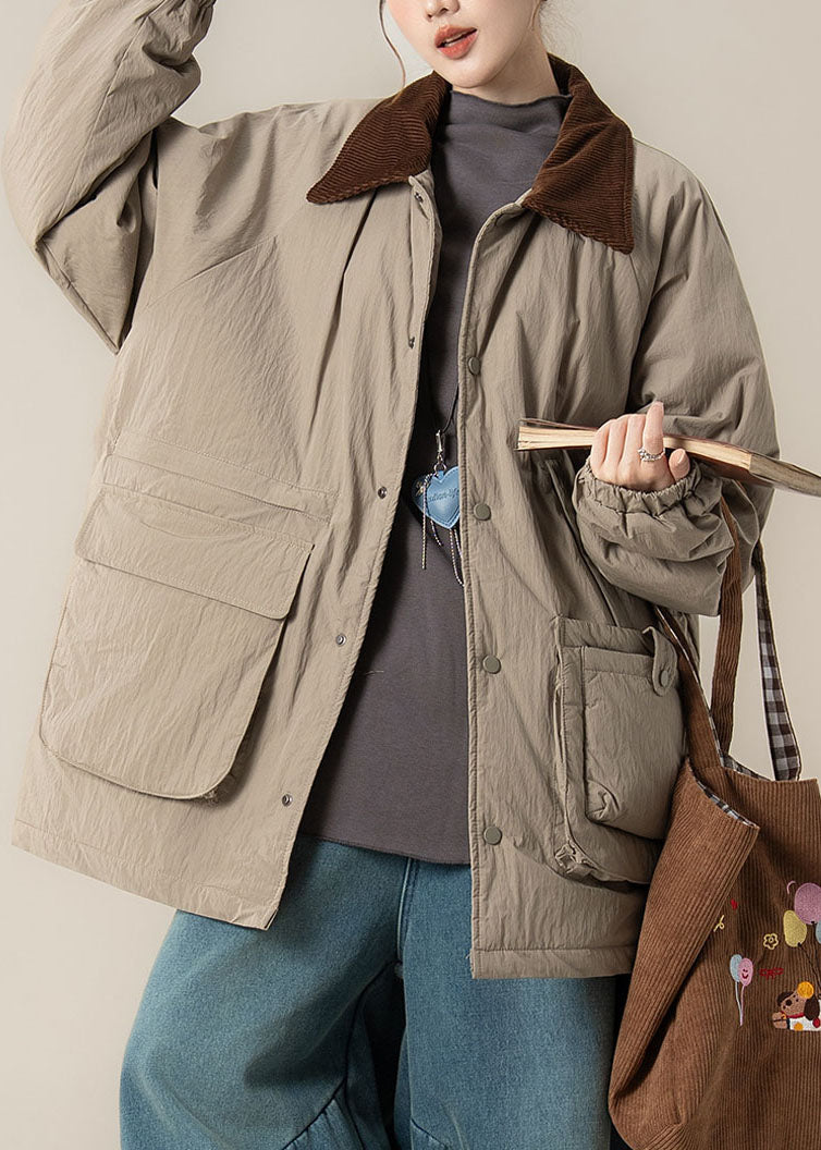 Plus Size Khaki Peter Pan Collar Pockets Thick Parka Winter