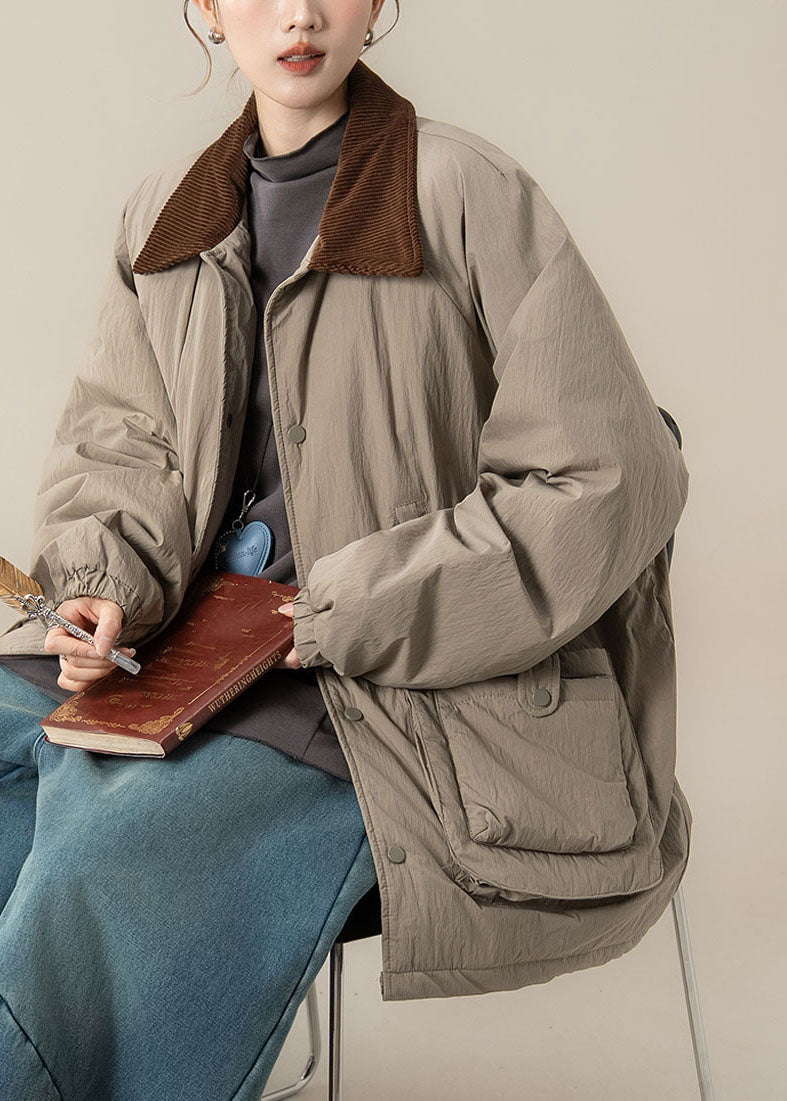 Plus Size Khaki Peter Pan Collar Pockets Thick Parka Winter