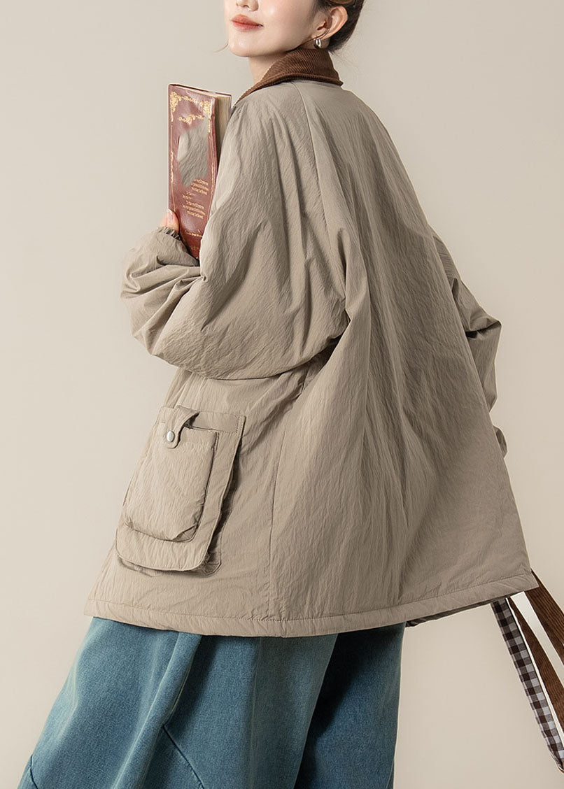 Plus Size Khaki Peter Pan Collar Pockets Thick Parka Winter