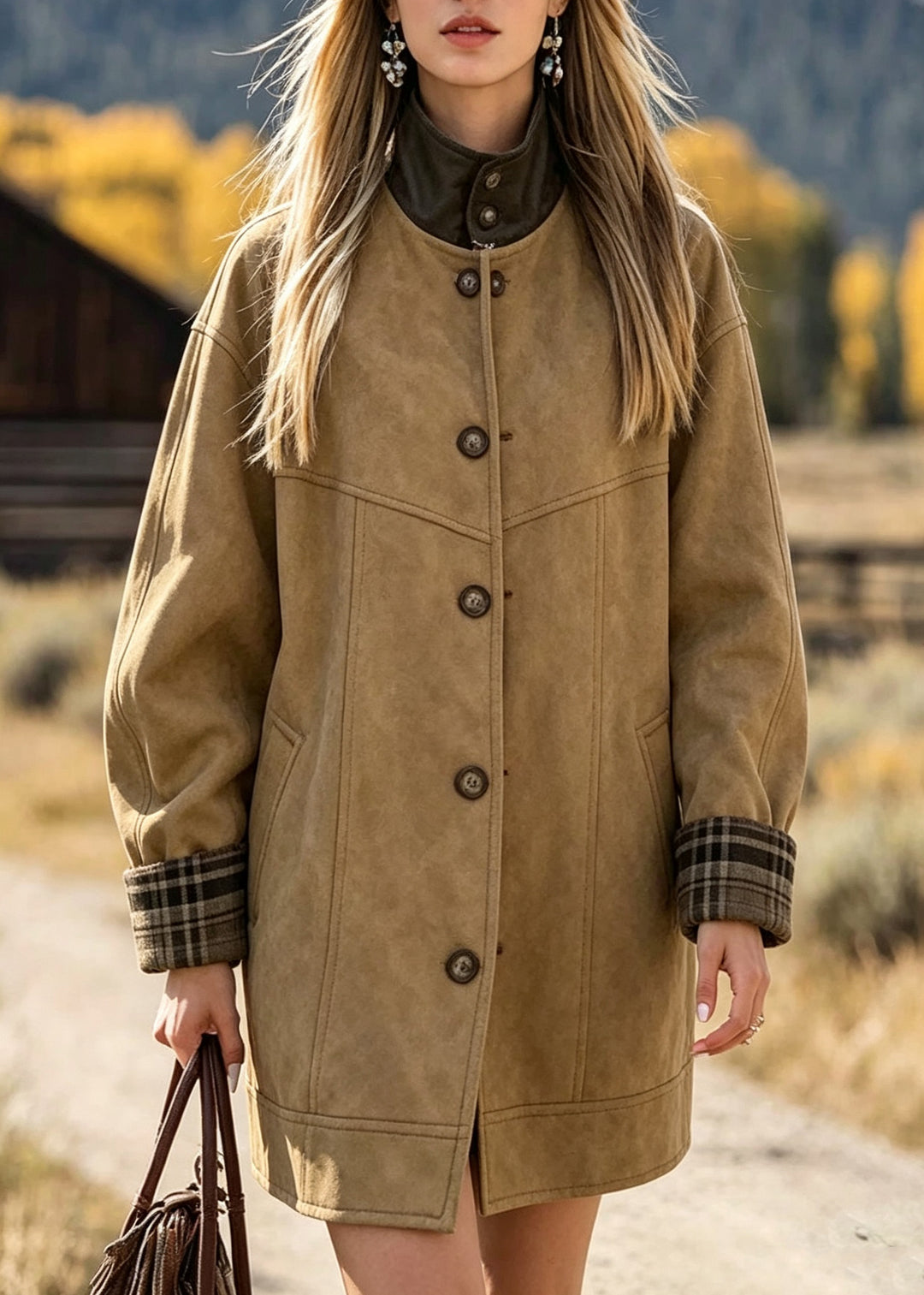 Plus Size Khaki Pocket Patchwork Button Trench Coat Long Sleeve