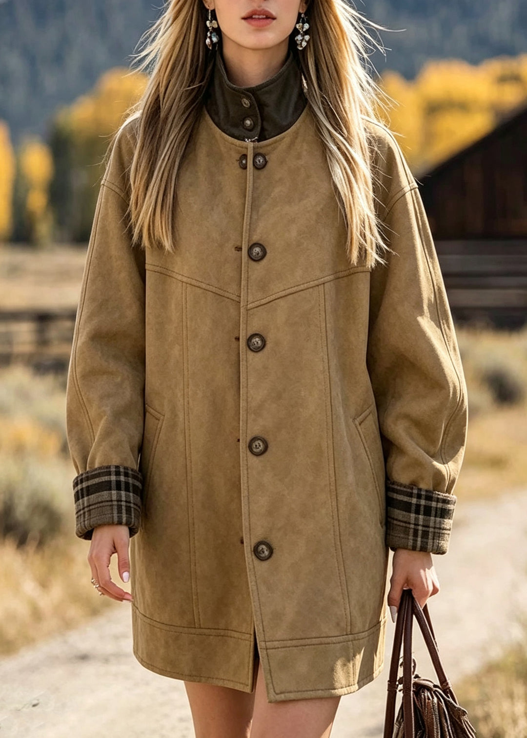 Plus Size Khaki Pocket Patchwork Button Trench Coat Long Sleeve