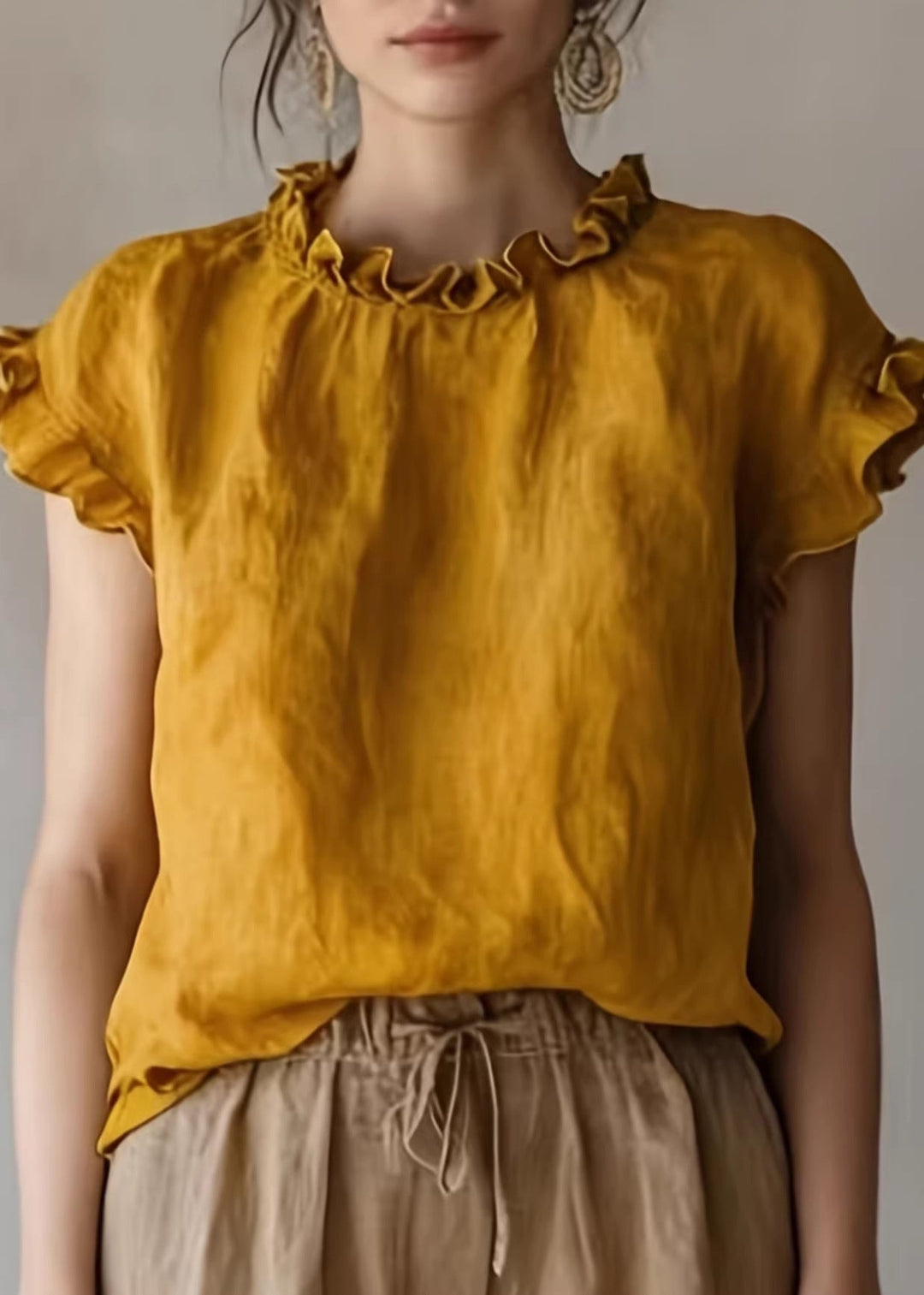 Plus Size Khaki Ruffled Cotton Shirts Sleeveless