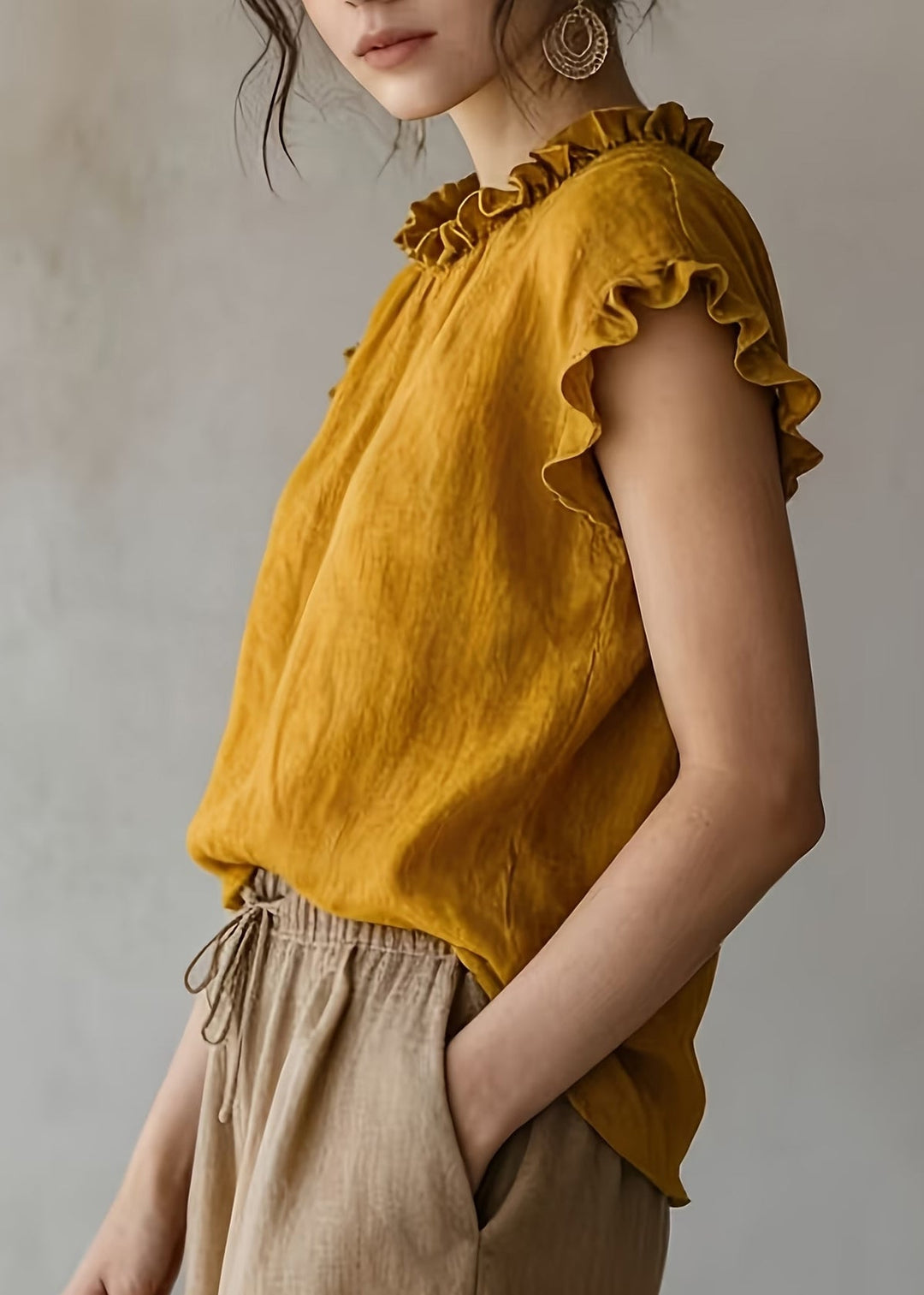 Plus Size Khaki Ruffled Cotton Shirts Sleeveless
