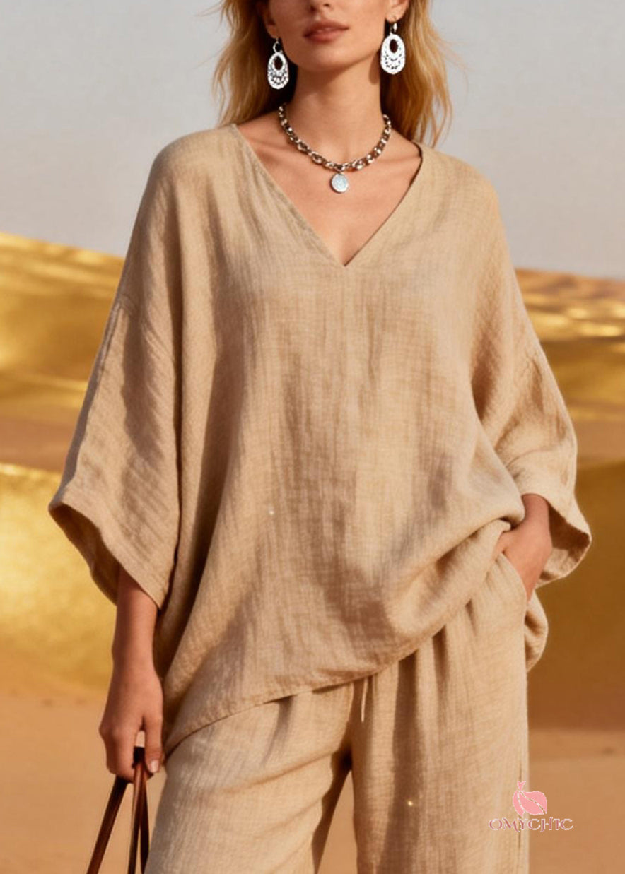 Plus Size Khaki V Neck Sequins Pockets Patchwork Linen Two Pieces Set Spring