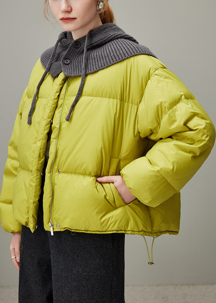 Plus Size Lemon Green Hooded Zippered Knit Patchwork Duck Down Down Coat Winter