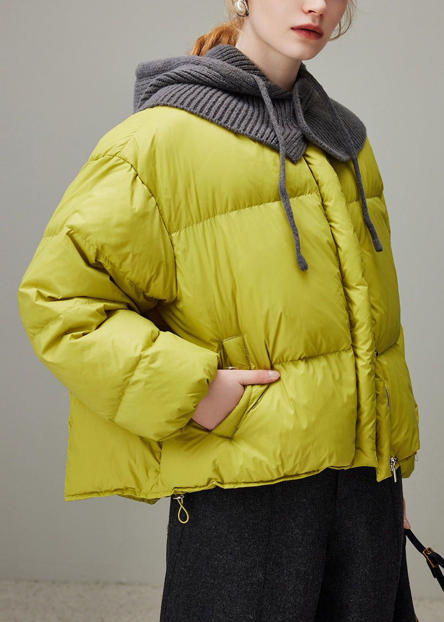 Plus Size Lemon Green Hooded Zippered Knit Patchwork Duck Down Down Coat Winter