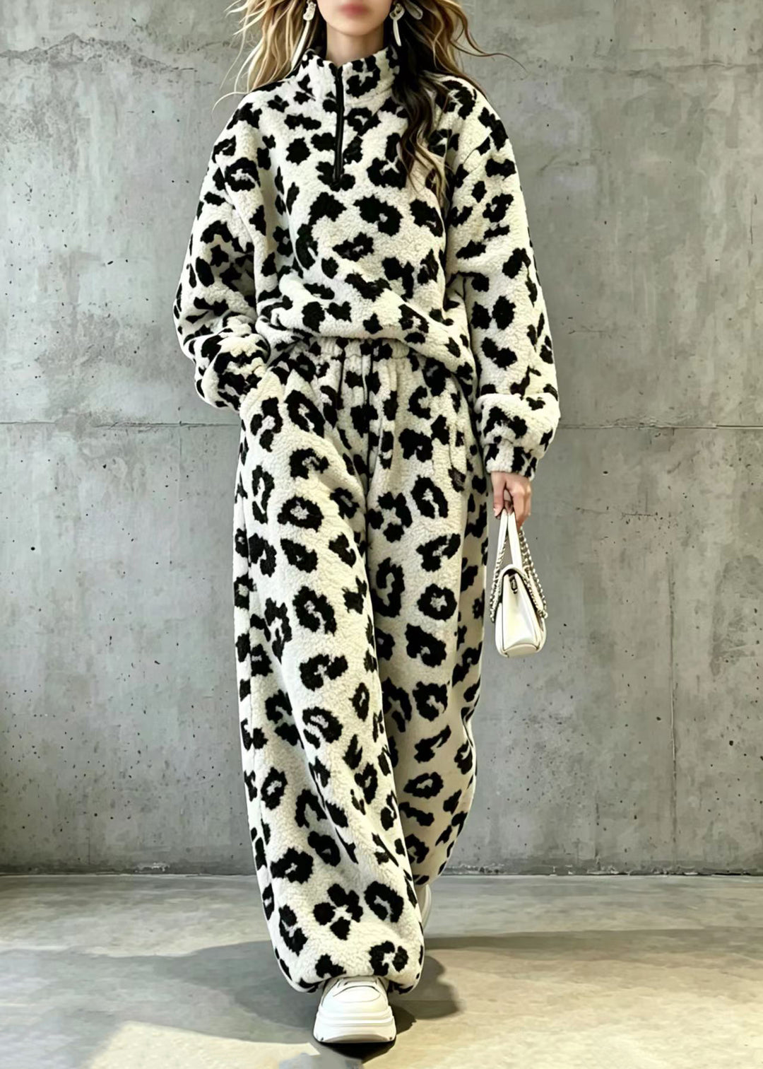 Plus Size Leopard Stand Collar Zippered Teddy Faux Fur Two Piece Set Fall