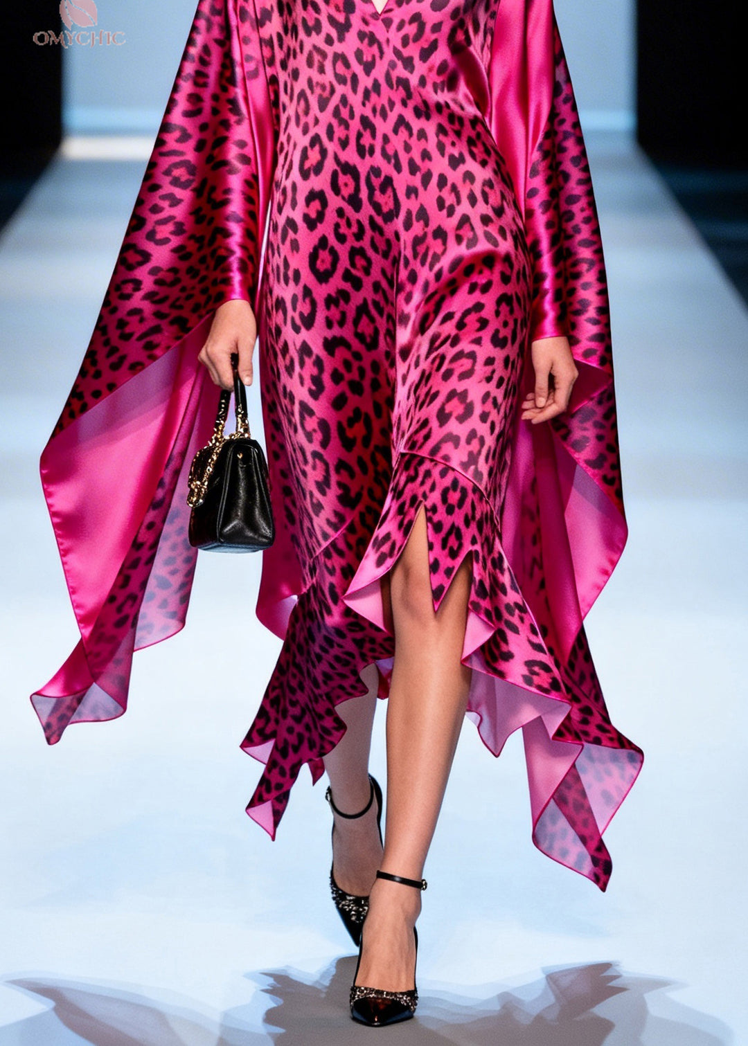 Plus Size Leopard V Neck Asymmetrical Design Patchwork Silk Vacation Dresses Summer